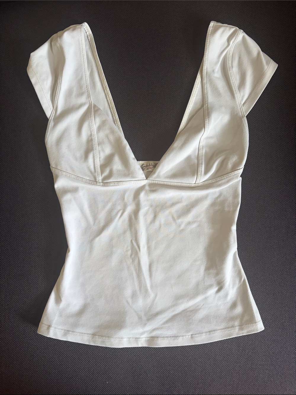 Free People Cream V-Neck Cap Sleeve Fitted Top